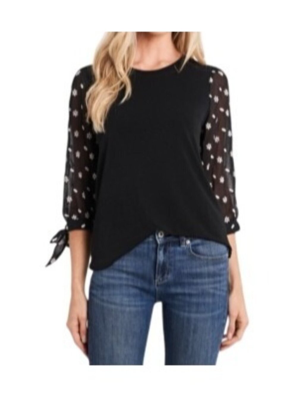 NWT CeCe Black Top Sheer Floral Tie Sleeve Embroidered Medium